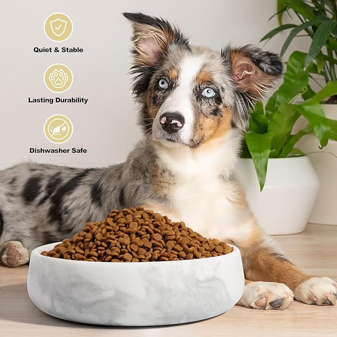 White Dog Bowl, Marble Dog Food Bowl, Non-Slip Water Dish Large, Heavy Duty Pet Bowl for Large Dogs, African Natural Marble, Holds 6 Cups(6lbs)