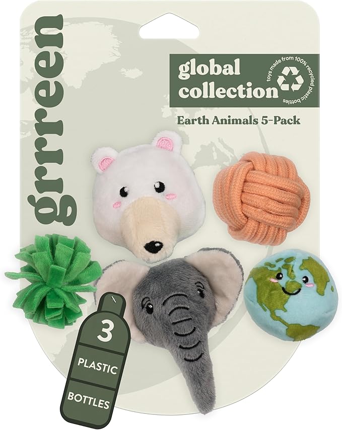 Global Collection Cat Toys | Earth Animals Mixed Bundle | Value 5-Pack for Indoor Cats | Cute Interactive Plush Toys | Eco-Friendly & 100% Recycled Materials