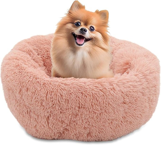 Athena Collection Washable Small Dog Bed, Cat Bed for Indoor Cats, 24 Inches Fluffy Faux Fur Round Pet Bed Calming Cozy Soft Warming Donut for Small Dog Puppy Kitten, Pink