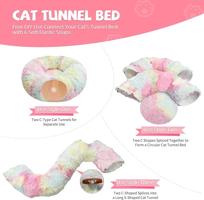 Cat Tunnel Bed with Furry Soft Mat,Cat Donut Tunnels for Indoor Kitten Large Cats to Chase and Play, Peekaboo Tube Cat Cave Toys,Foldable & Easy to Store,Diameter 31.5" (Rainbow Color)