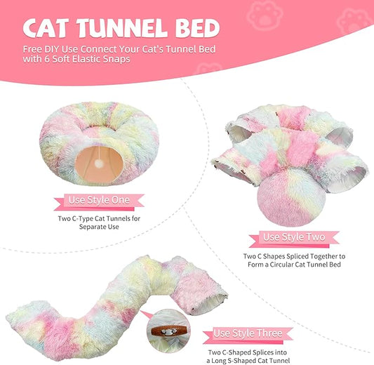 Cat Tunnel Bed with Furry Soft Mat,Cat Donut Tunnels for Indoor Kitten Large Cats to Chase and Play, Peekaboo Tube Cat Cave Toys,Foldable & Easy to Store,Diameter 31.5" (Rainbow Color)