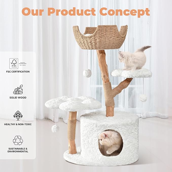 Easyego Modern Cat Tree, Aesthetic Wood Cat Tree Tower for Large Cats, Luxury Cat Condo with Scratching Posts and Flower Platforms, Cat Furniture by Easyego, (Rabbit Hair - White)