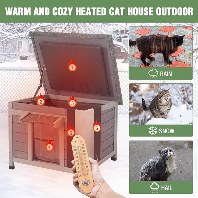 Heated Outdoor Cat House with Heating Pad, Weatherproof Cat Shelter, Feral Cat House with Insulated Liner for Keep Warm in Winter