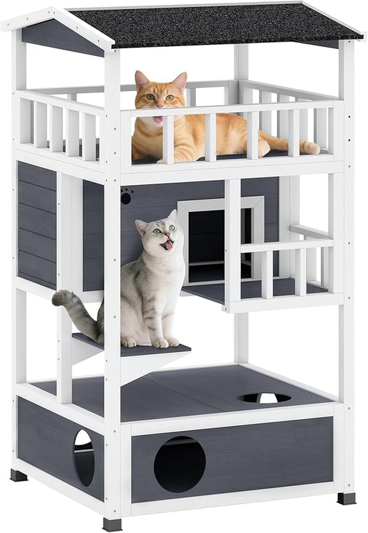 PawHut Wooden Outdoor Cat House, Feral Cat Shelter Kitten Condo with Asphalt Roof, Escape Doors, Condo, Jumping Platform, Gray