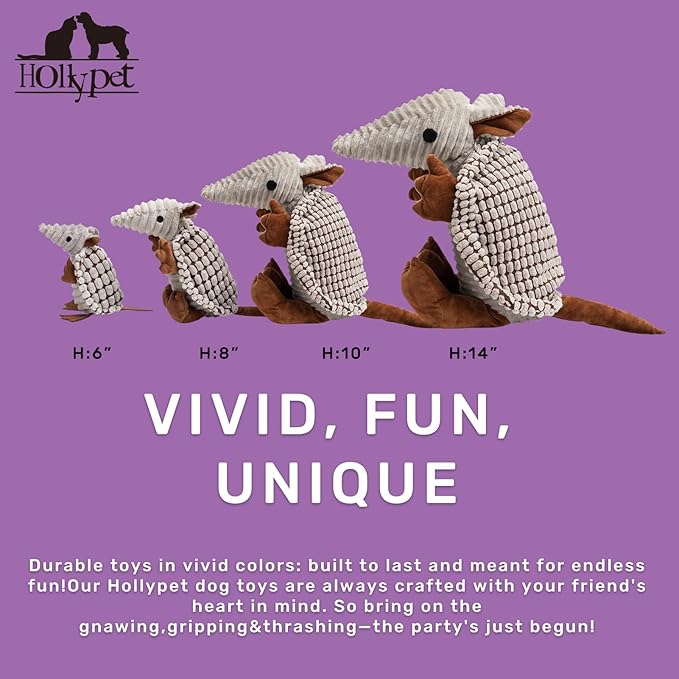 Hollypet Plush Dog Squeaky Toy Stuffed Armadillo Animal Pet Puppy Chew Toys with Clean Teeth for Small Medium Large All Breed Sizes Dogs, Gray, 10 in