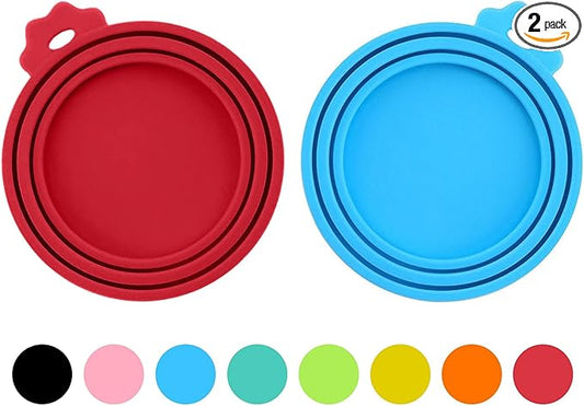 2 Pack Pet Food Cans Lids, Silicone Food Can Covers for Dog and Cat, BPA Free/Food Safe/Universal, One Fit Most Standard Size Food Can Top Red/Blue