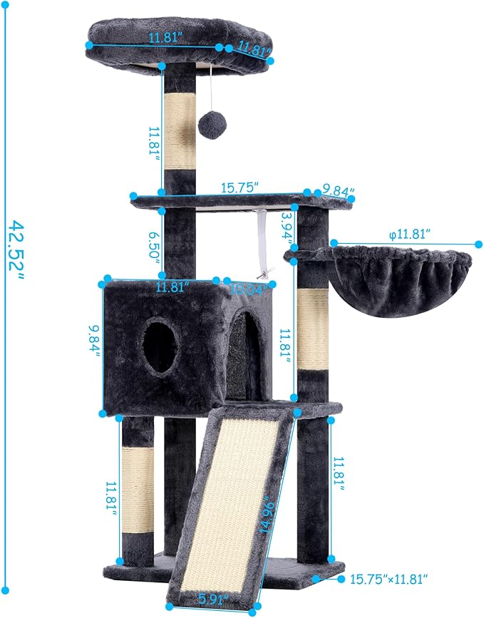 Hey-brother Cat Tree, 42.5-Inches Cat Tower for Indoor Cats, Plush Multi-Level Kitten Cat Condo with Scratching Post, Ramp, Basket, Spacious Cat Cave, Hanging Ball, Smoky Gray MPJ007SG