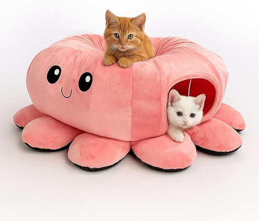 Cat Tunnel Bed for Indoor Cats, Peekaboo Cat Cave Bed,Soft Cat Donut Tunnel for Kitten Large Cats, Cute Pink Octopus Shaped