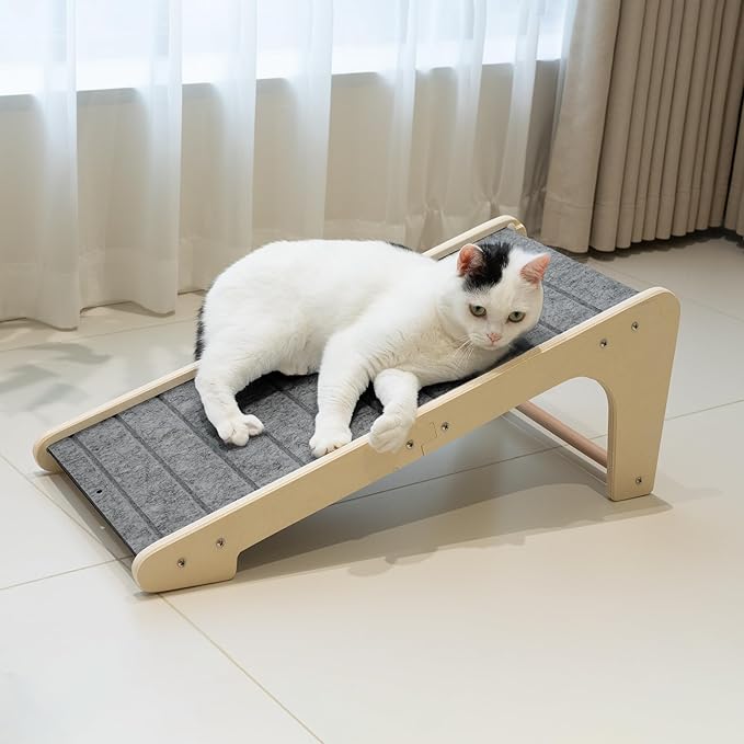 PETKARAY Felt Cat Scratcher, L Shaped Scratching Pad, Scratch Resistant Carpet Scratcher Ramp, Slot-Free Scratch Board with Toy Ball, Dark Grey