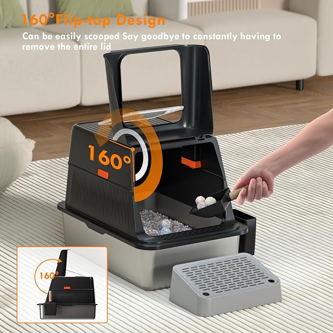 Smart Odor Control Stainless Steel Litter Box,160° Flip-Top Extra Large Cat Litter Box,Safety Protection,for Big Cats&Multiple Cats,with cat Litter Spoon and footrest,Anti-Leakage, Non-Sticky