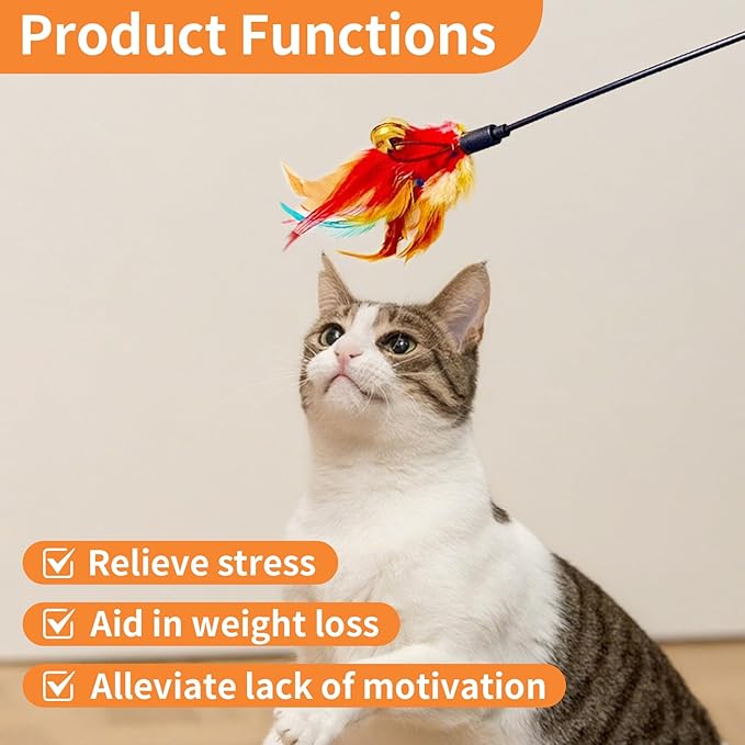 Cat Feather Toys, Cat Toy with Elastic Turkey Feathers, Interactive Teaser Wand with Bell, Durable Flexible Rod for Playful Kittens and Cats, Indoor Entertainment for Pets (1.35")
