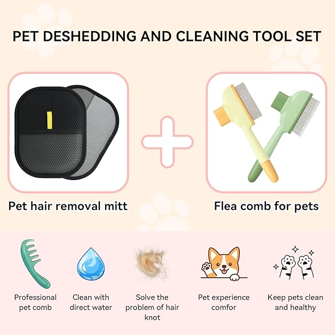 Electrostatic Pet Hair Removal Glove and Cat Dog Flea Comb, Portable Pet Massage and Cleaning Set for Deshedding, Cat Dog Hair Removal on Clothes, Furniture, Car Seats, and Carpets (4PCS)