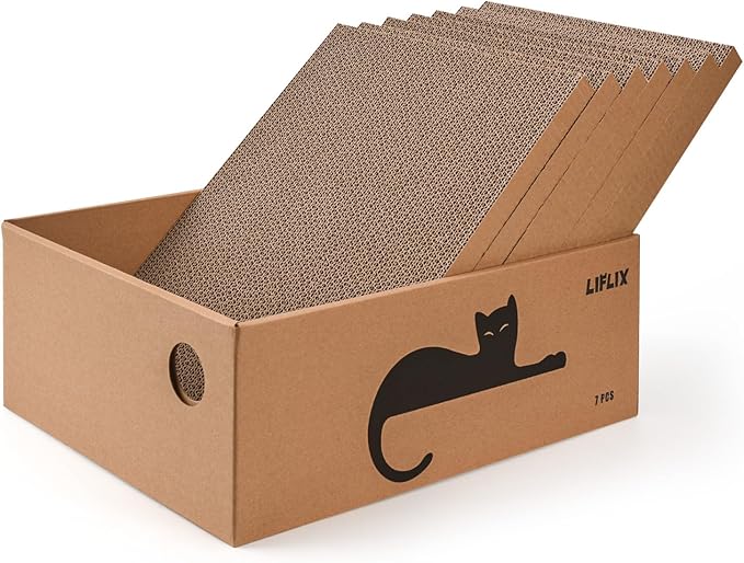 7PCS Reversible Cat Scratching Pads with Box, 16.5" Lｘ12.6" Wｘ5.9 H Extra Large Cardboard Scratcher with Catnips, Cat Scratch Boxes for Indoor Cats