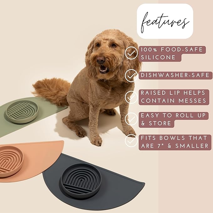 Waterproof Silicone Pet Food Mat - Non-Slip, Spill-Proof Feeding Mats for Floors, Raised Edge Design, Easy-to-Clean Mat for Dog & Cat Bowls, 21" Across x 10.5" Deep, Medium-Sage Green