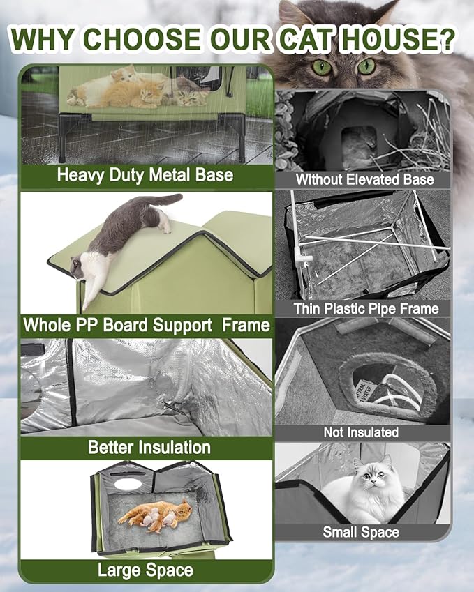 Heated Cat House for Outside, Large Elevated Waterproof Outdoor Cat House Weatherproof with Escape Doors and Heating Pad for Winter, Sturdy Insulated Outdoor Cat Shelter for Multiple Cats, Green