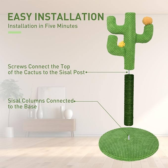 Kitten Cat Scratch Post - 25'' Cactus Scratching Posts with Sisal Cats Claw Scratcher Scratching Posts for Indoor Cats Adults，Vertical Green Cat Tree with Flower for Kitten