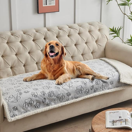 Qeils Pet Blankets for Couches, Waterproof Dog Blankets for Large Dogs, Sherpa Fleece Puppy Blanket, Soft Plush Reversible Dog Blanket, Couch Cover for Dogs Washable, 30"X70", Grey Paw Print