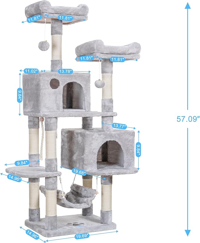 Hey-brother Multi-Level Cat Tree Condo Furniture with Sisal-Covered Scratching Posts, 2 Plush Condos, Perch Hammock for Kittens, Cats and Pets, Light Gray MPJ020-SW