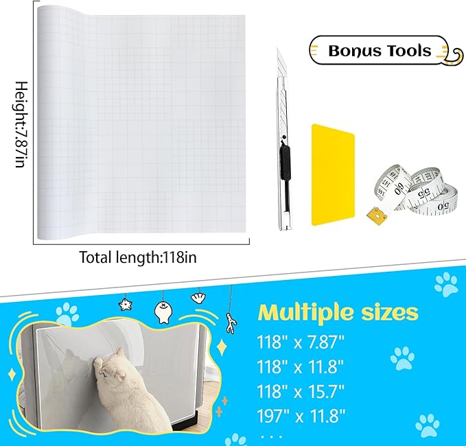 Anti Cat Scratch Furniture Protector, New Couch Protector from Cats Claws, Cat Protection for Furniture, Walls, Doors with Pocket Knife, Scraper, Tape(7.87" x 118")