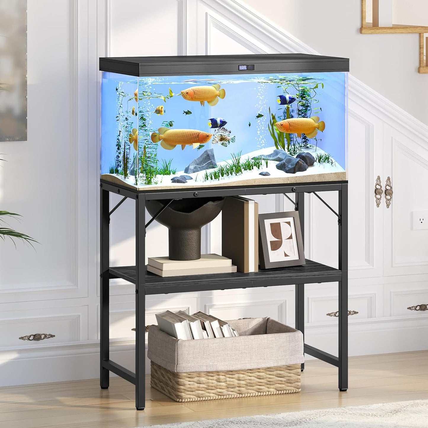 30 Gallon Fish Tank Stand, Aquarium Stand with 2-Tier Storage Shelves, Heavy Duty Breeder Turtle Terrarium Stand Rack for Home Office, 30.0" L x 11.8" W x 24.4" H, Black FTBK3001