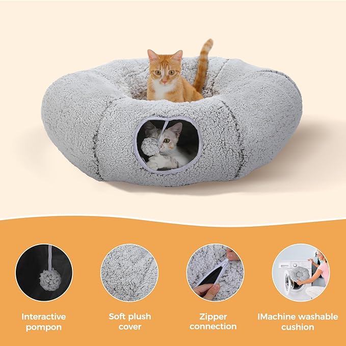 PEQULTI Cat Tunnel with Bed for Indoor Cats, Cat Play Donut Tunnel with Washable Soft Plush Mat, Round Cat Tunnel Toys Cute Cat Tube for Kittens, Puppies, Rabbits and Ferrets, Grey