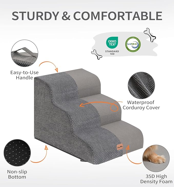 Made4Pets Dog Stairs Ramp for Small Dogs, 3-Step Dog Steps for Bed Couch Sofa and Chair, 35D Foam Pet Steps for Small Dogs and Cats, Non-Slip Bottom Pet Stairs, Grey