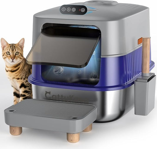 Odor Control XL Stainless Steel Litter Box，3-in-1 Enclosed High Side Cat Litter Box with High Lid for Cats，Non-Sticky，Anti-Leakage，Easy Clean，with Scoop & Filter Pedal（Gray-Blue）