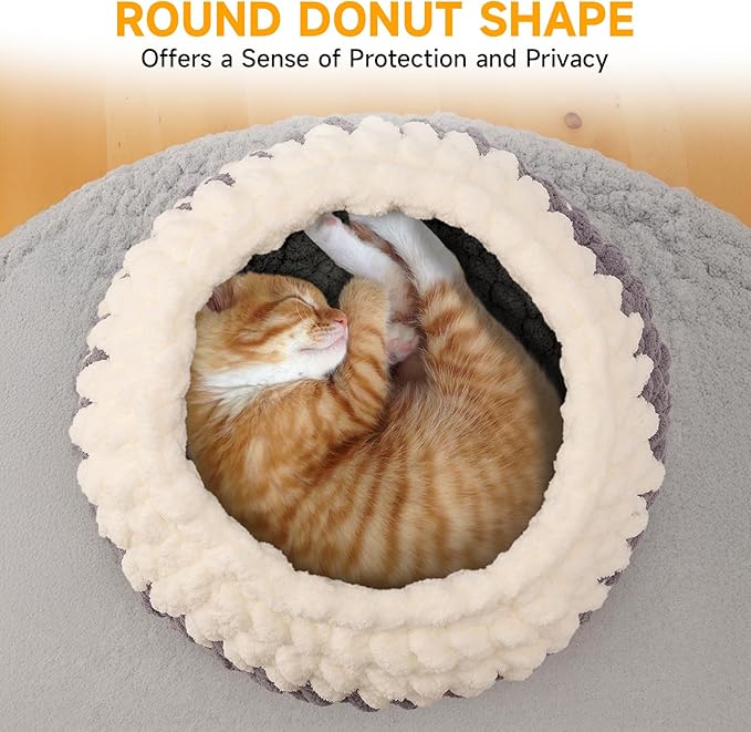 Ombre Gradient Round Cat Bed for Indoor Cats, Chunky Knit Washable & Plush Pet Bed, Cozy Nest with Non-Slip Bottom for Small Medium Cats