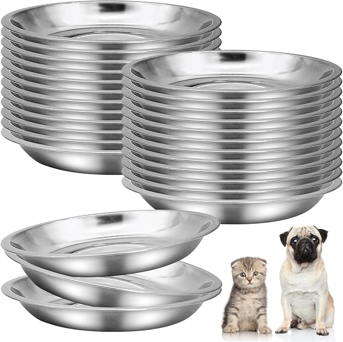 kathson Shallow Stainless Steel Cat Bowls 24 Pcs Whisker Fatigue Cat Dishes Flat Dog Feeding Saucers Pet Food and Water Plate Set for Kitten Puppy and Other Small Animals (6.3 Inch Dia.)