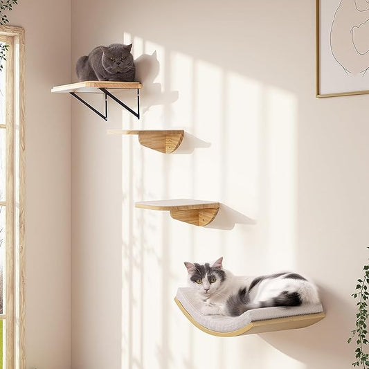 Cat Wall Shelf & Window Perch Combo, Wood Cats Wall Furniture with Soft Foam Curved Bed and Felt-Padded Steps, 4-Piece Floating Cat Climbing System