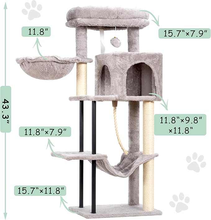 Cat Tree, Cat Tower for Indoor Cats, 43.3 inch Cat Tree Tower with Sturdy Steel Tube, Cat Hammock, Cat Condo for Small Cats and Kittens, Cat Scratching Post, Light Gray GCT004SW