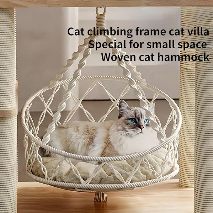 Cat Hammock, Handwoven Hanging Boho Cat Bed for Indoor Outdoor Home Decor for Playing Sleeping Climbing and Lounging with Cushion, Suitable for Cats or Small Dogs Up to 8.8 Lbs
