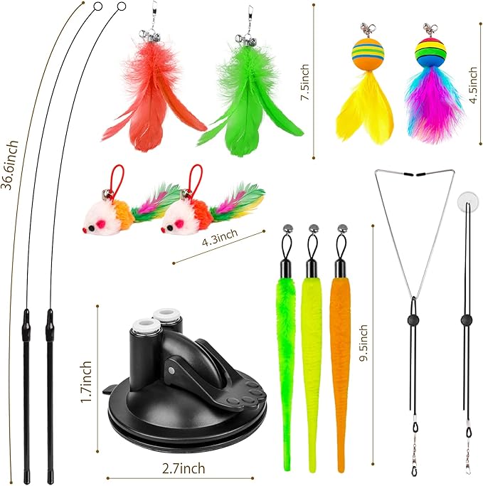 Cat Toys Wand, Interactive Cat Toy with Super Suction Cup Sticky Detachable 12 PCS Feather Replacements 2 Wands Cat Spring Feather Toys for Indoor Cats Kitten Toys (9 Toys Double Headed)