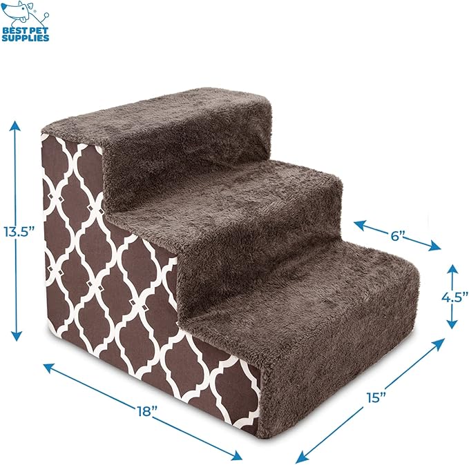 Best Pet Supplies Dog Stairs & Steps - Foam Steps for Small Dogs & Cats, Non-Slip Indoor Balanced Pet Step Support, Dog Ramp, No Assembly, Brown Lattice Print, 3-Step (13.5-inch Height)