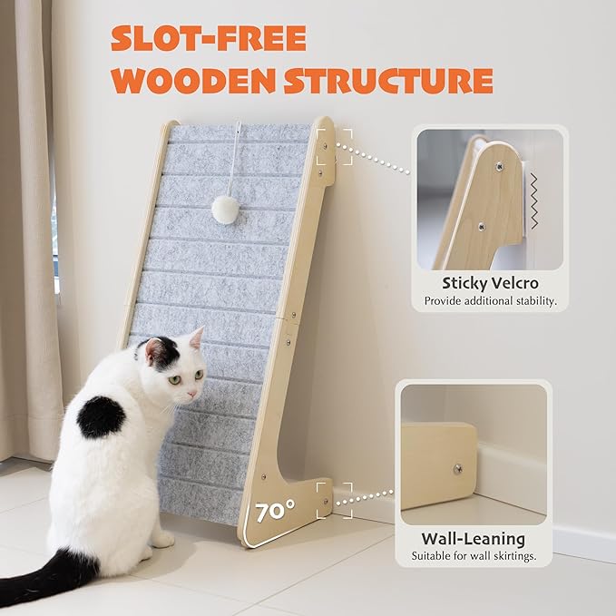 PETKARAY Felt Cat Scratcher, L Shaped Scratching Pad, Scratch Resistant Carpet Scratcher Ramp, Slot-Free Scratch Board with Toy Ball, Light Grey