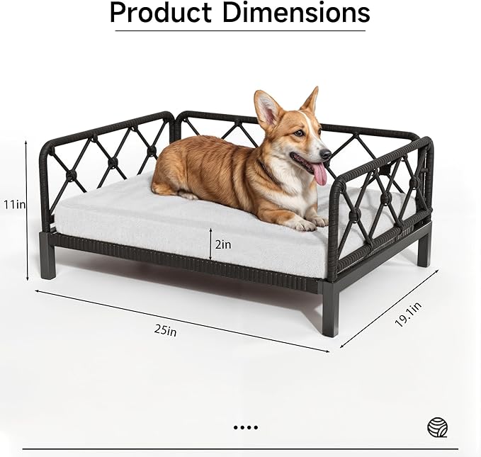 Dog Bed with Cushion, Cooling Elevated Raised Beds with Rattan Breathable Mesh and Universal Mat, Indoor & Outdoor Pet Cots for Small Dog, Black