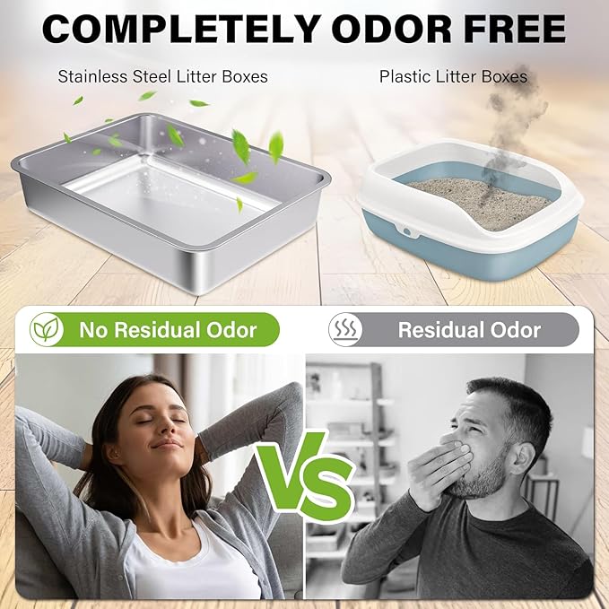 Stainless Steel Litter Box 2 Pack,Small to Medium Litter Box for Kittens 17.5" x 13.5" x 4",Easy Clean Non Stick Easy Entry No Smell Metal Litterbox for Kitty/Rabbits