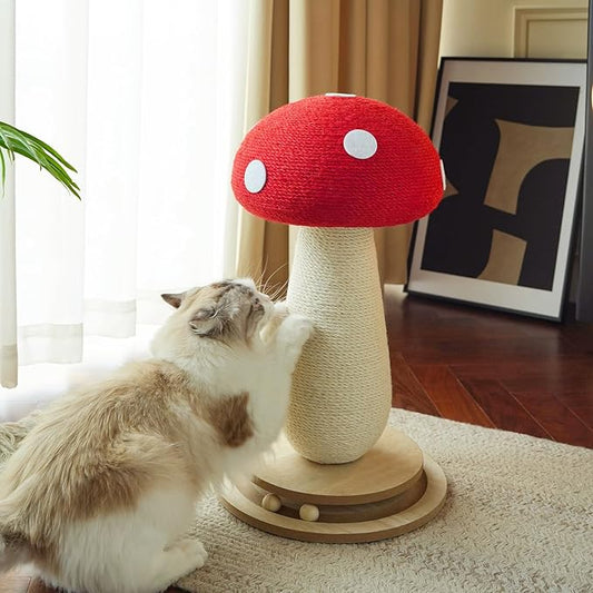 21‘’ H Cat Scratching Post,Cute Mushroom Cat Scratcher Post with Durable Solid Wood Turntable Toy,Mushroom Shape Design Cat Toy Cat Tree Scratcher for Indoor Cats
