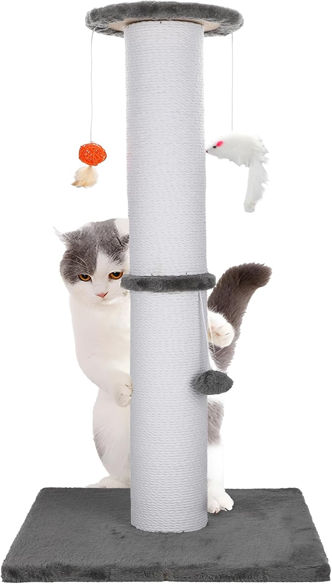 36.5 Inch Cat Scratching Post Heavy Duty Cat Scratch Post Handmade Cotton Rope with Hanging Toys for Ultimate Cat Fun(Grey)