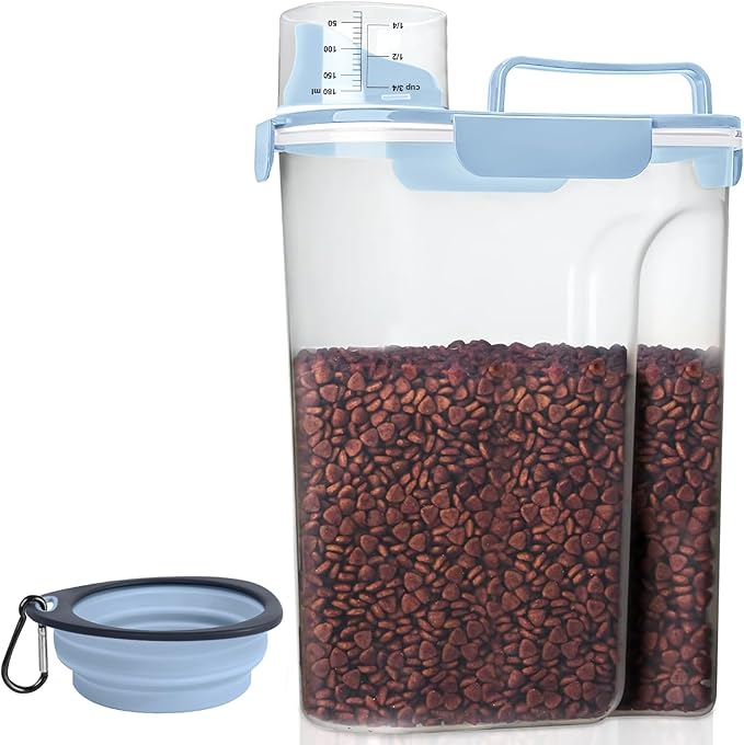 Dog Food Storage Container, Upgraded Large Nozzle BPA-free, 8-12 LBS Plastic Pet Food Storage Containers, With 4 Sealed Clasps, 1 Measuring Cup and Handle (1, Elegant Blue, 5L)