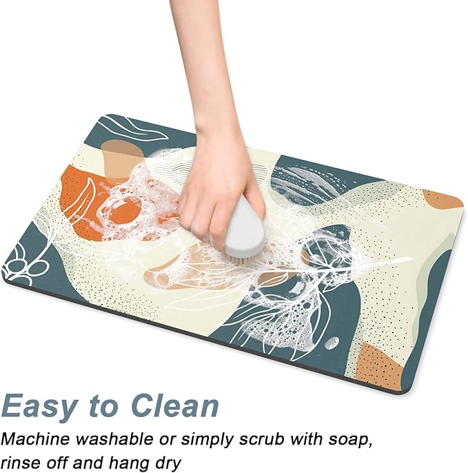 Rnivvi Dog Food Mat, 16" x 24" Boho Absorbent Dog Cat Bowl Mat for Food and Water, Cute Anti-Slip Rubber Pet Feeding Rug Protect Floors, Puppy Placemat for Feeding & Watering Supplies, Abstract Leaves