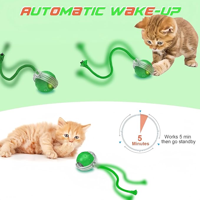 Interactive Cat Toys Ball for Indoor Cats,[2025 Newly Upgraded] Agile Moving Cat Ball with Elastic Mesh Tail,Automatic Kitten Toys for Bored Indoor Adult Cats,Motion Activated (Green)