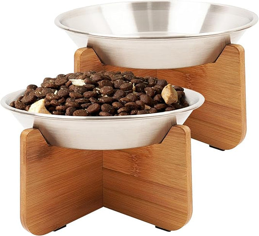 Elevated Cat Bowl with Bamboo Stand, 6.8" Extra Wide Shallow Raised Stainless Steel Cat Bowls Whisker Friendly, 2 Pack Food and Water Dishes for Indoor Cats, Kitten, Puppies and Small Dogs