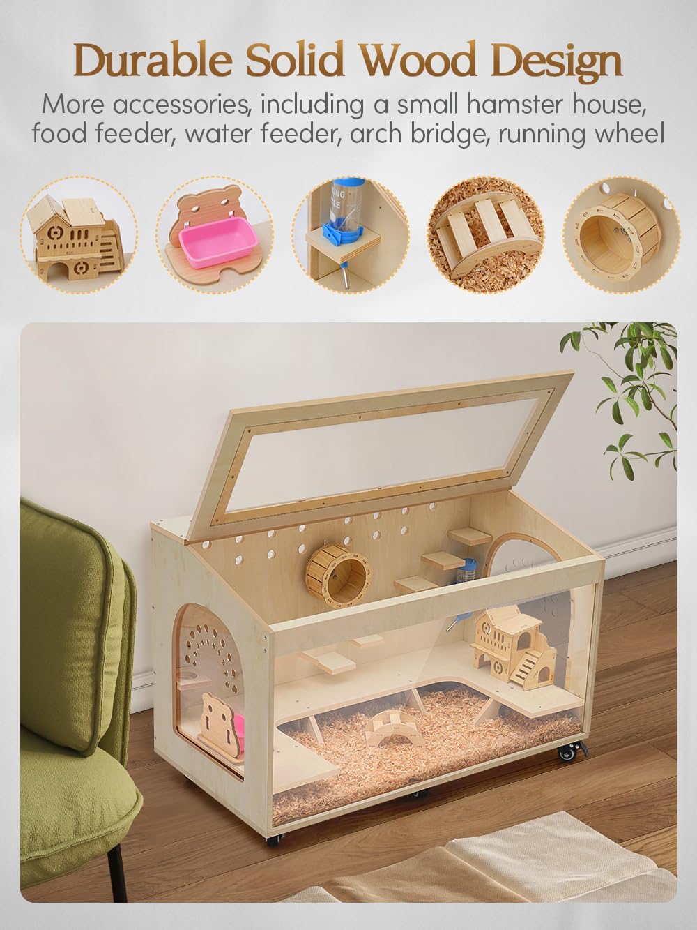 Hamster Cage Large 32 inch Guinea Pig Cages Hamster Cages Enclosure and Habitats Mice Rat Cage with Platform Openable Top Acrylic Sheets Wooden Chewproof Small Animal Cage for Hedgehog Mouse Gerbil