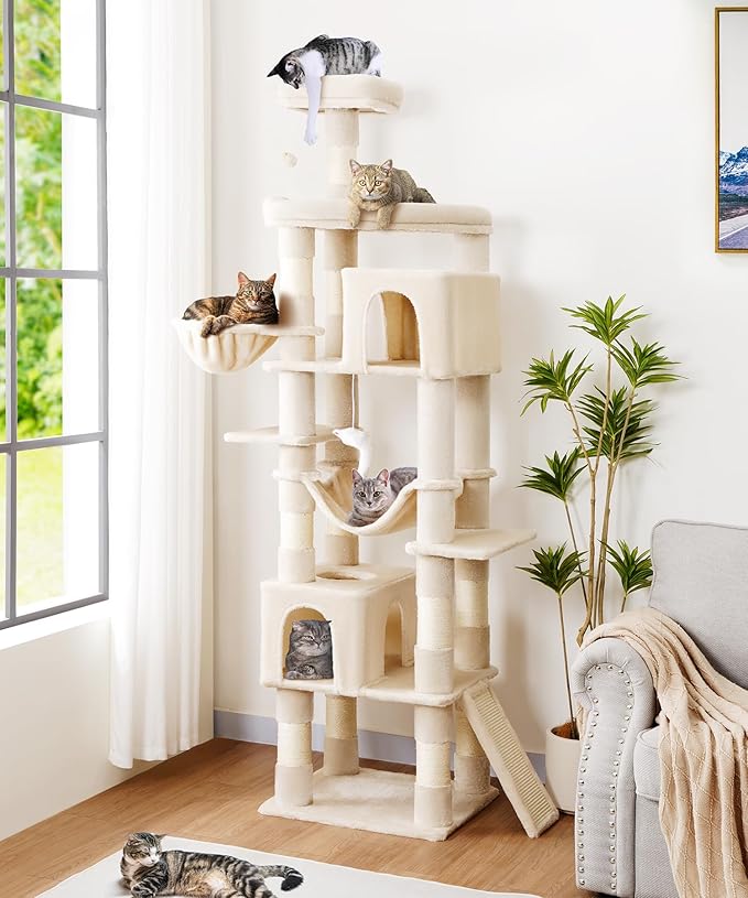 AMHANCIBLE Large Cat Tree, 83 Inch Multi-Level Tall Tower for Indoor Adult Cats, with Scratching Post and Board, Hammock, Condos, Hanging Basket, Activity Center to Play and Sleep, Beige, PT21BG