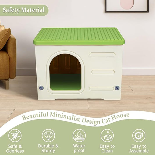 Deblue Plastic Cat House for Indoor Outdoor, Weatherproof Outdoor Cat House for Feral Cats, Unique Outside Cat Shelter for Small Pet, Easy to Assemble and Clean, Large Space - Green