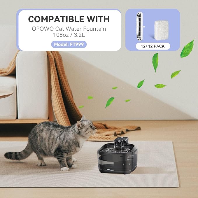24 Pack Cat Water Fountain Filters for OPOWO 108oz / 3.2L Wireless Cat Fountain, Replacement Filters for FT999 Pet Water Fountain, 12 PCS Pump Sponges + 12 PCS Filter