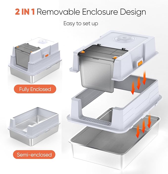 XXXL Stainless Steel Litter Box with Lid,XXXL Enclosed Metal Cat Litter Box for Big Cats,Multiple Cats,with Litter Scoop & Foot Pedal& Litter Mat,Odor Control,Easy Cleaning