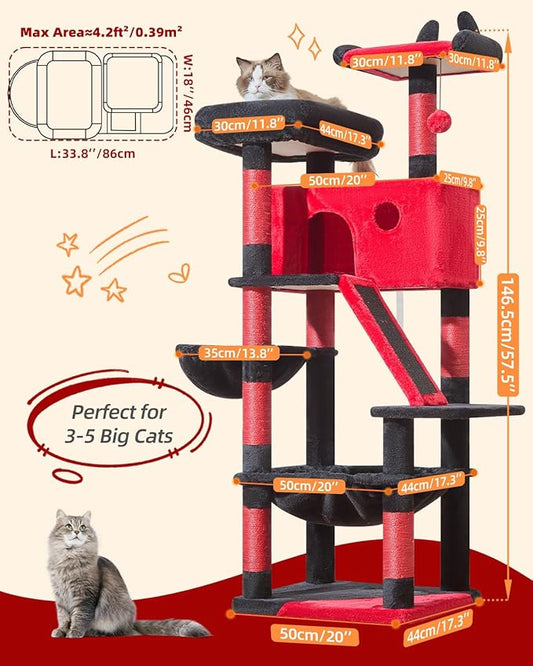 Taoqimiao Cat Tree 57.5-Inch, Cat Tower for Indoor Cats Large Adult, Extra Large Cat Condo, 8 Sisal Scratching Posts, Metal Frame Cozy Hammock, Durable Scratch Board, 2 Top Perches, Jelly Pink MS026P