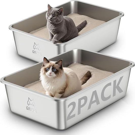 2 Pack Stainless Steel Cat Litter Box, 23.4" L×15.6" W×7.8" H, Metal Kitty Litter Box with High Sided for Big Cats, Non-Stick, Easy to Clean, Odor-Free